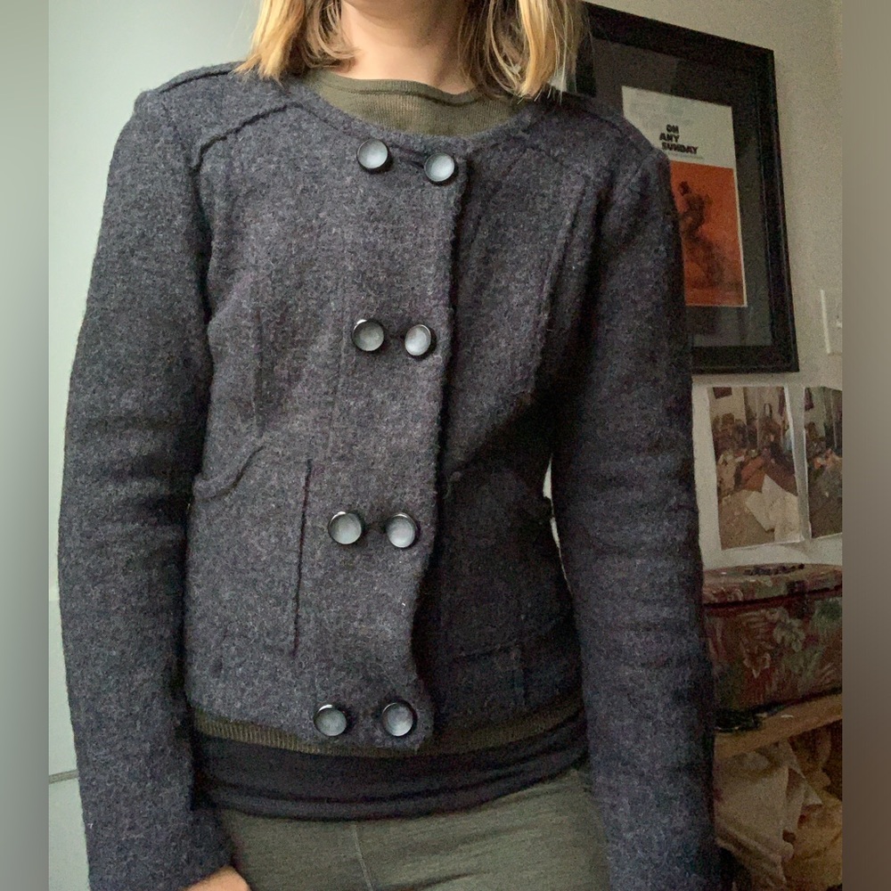 Cabi Wool Charcoal Double-breasted Button Down Crop Long Sleeve Cardigan